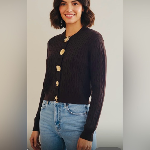 MOCHA BY THE SEA. Brown Cable Knit Sweater with Unique Button Accents